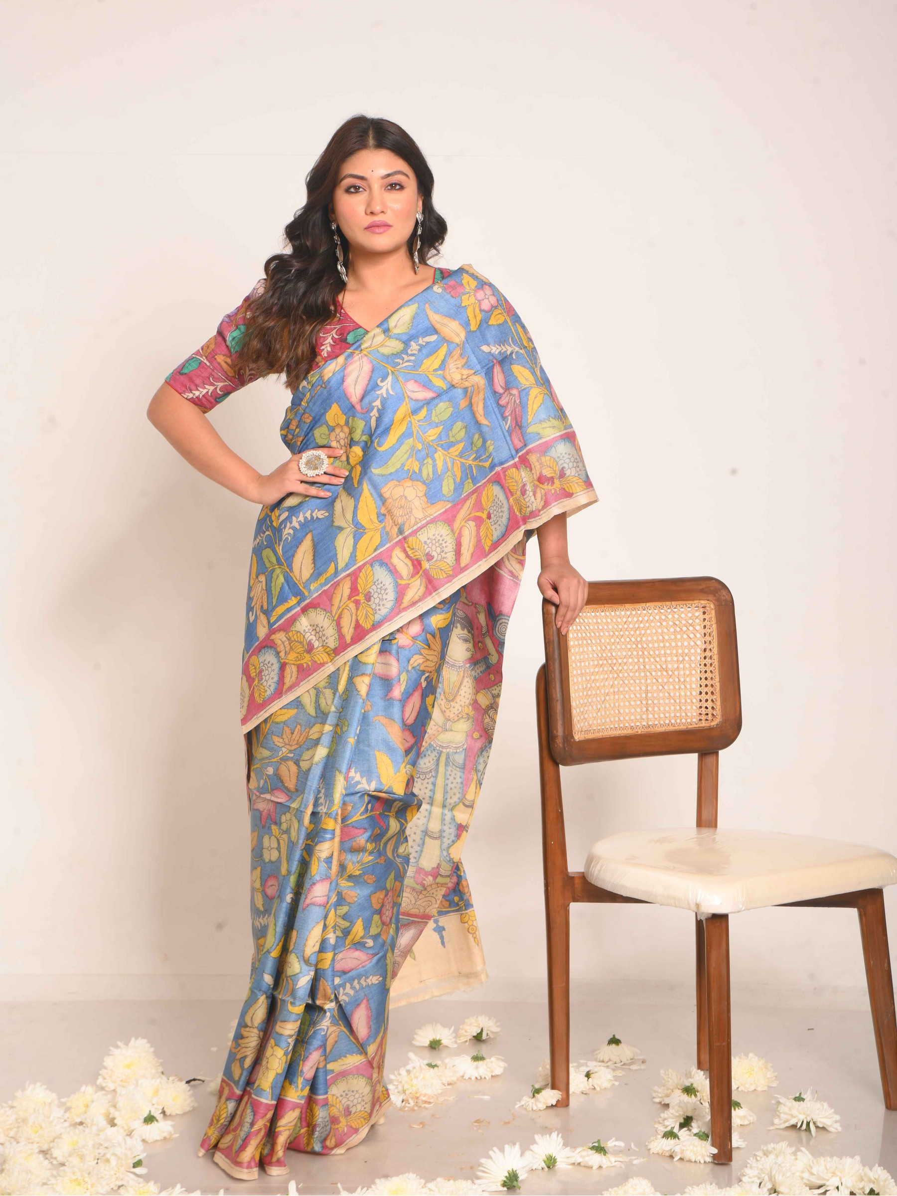 BSHP51 -  Tussar Kalamkari Saree in Shades of Blue